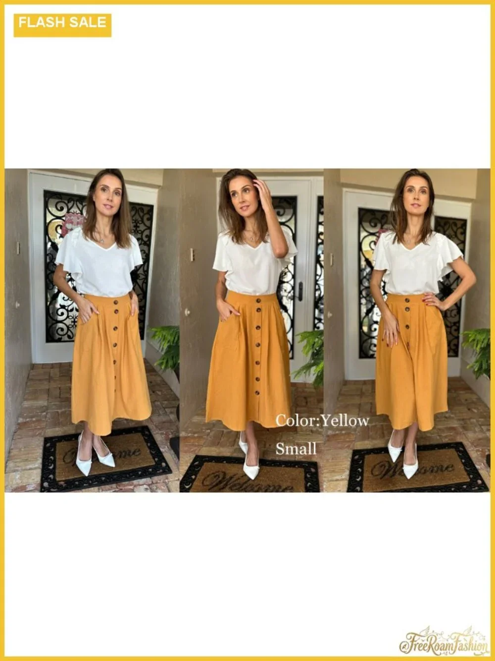 Women's High Waisted A-Line Midi Skirt with Pockets Casual Front Button